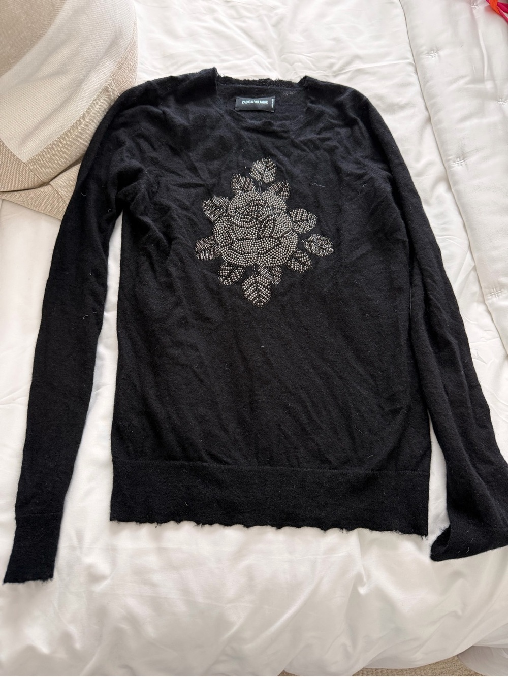 Zadig & Voltaire Black Sweater with Crystal Rose Motif
